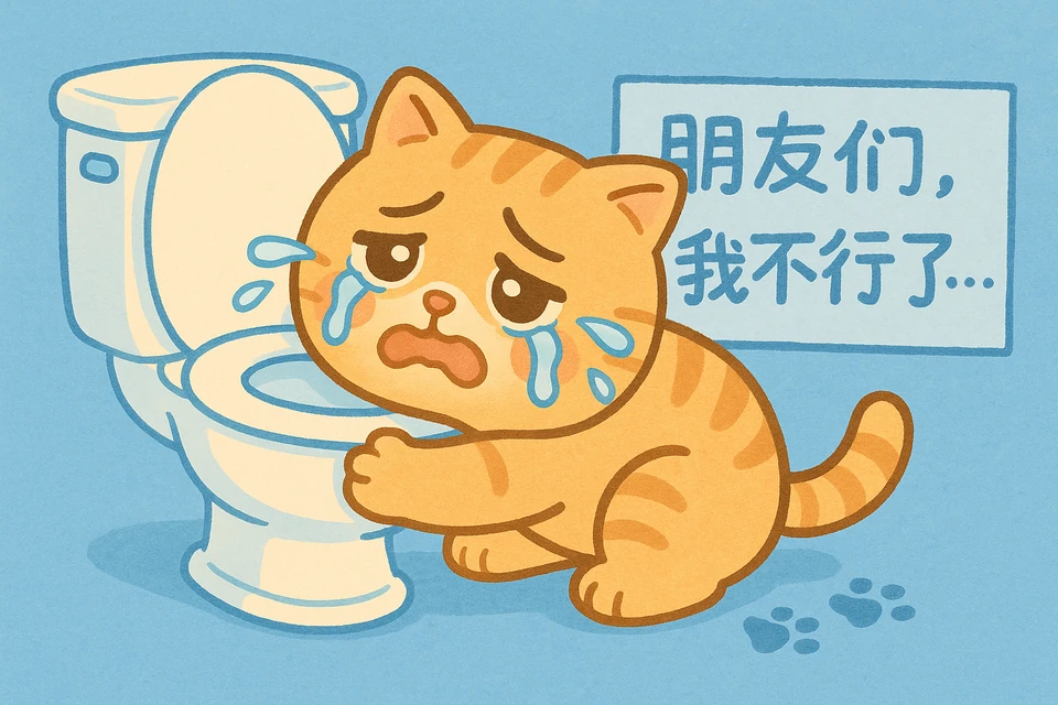 A crying kitten beside a toilet with the words “I can't go on”