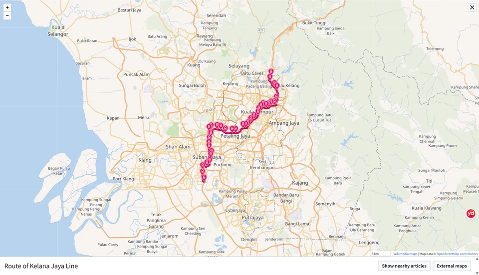 Geographical route map of the Kelana Jaya Line