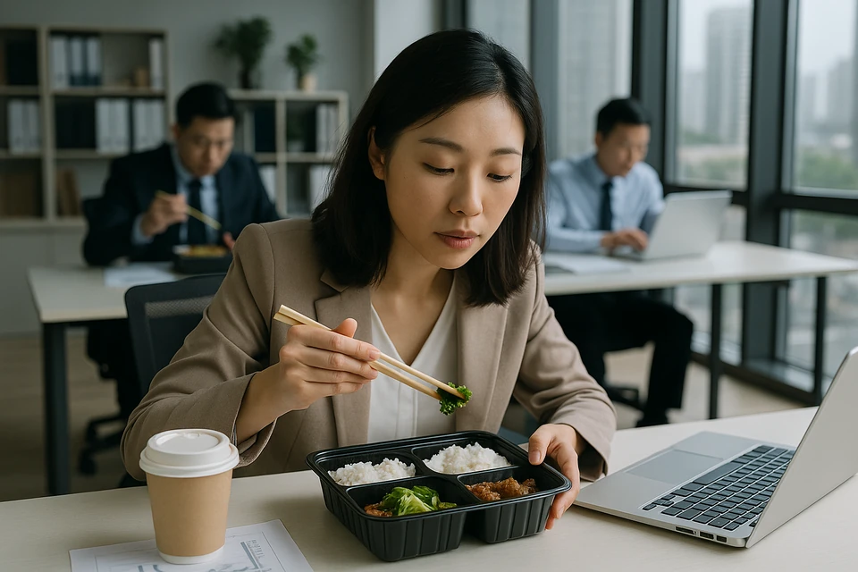 Illustration of a woman eating a boxed meal beside a laptop