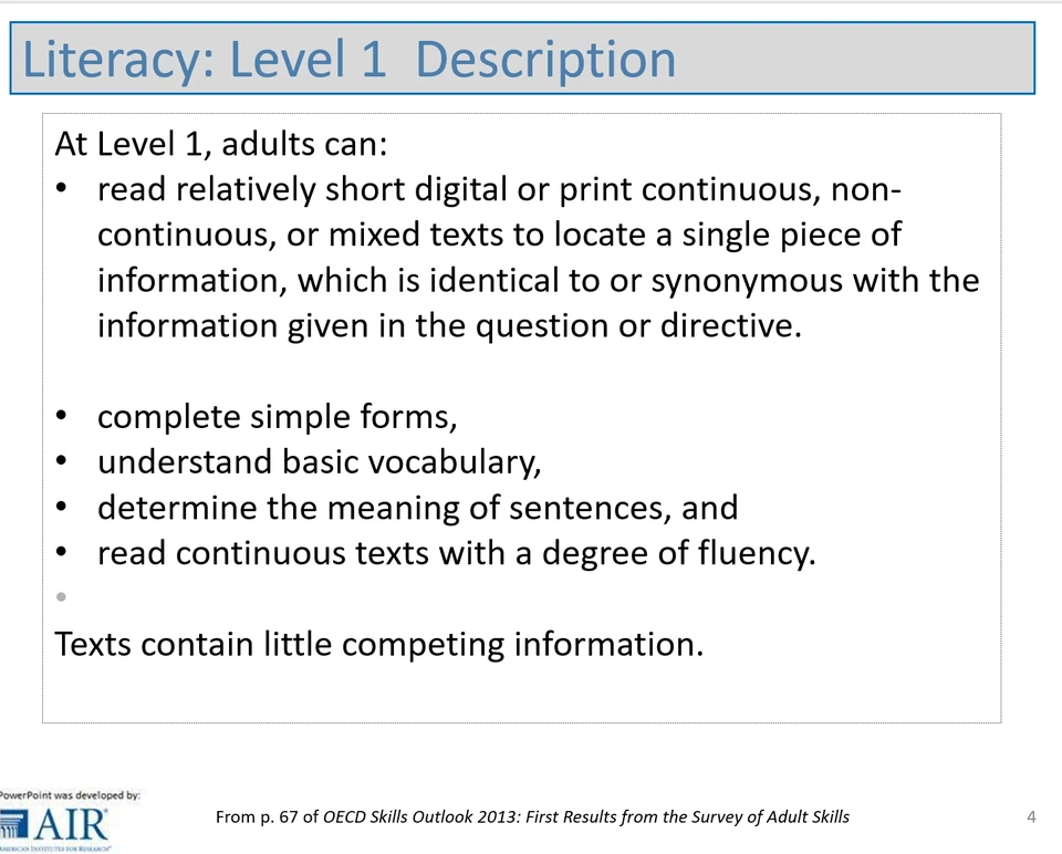English description of PIAAC Level 1 literacy