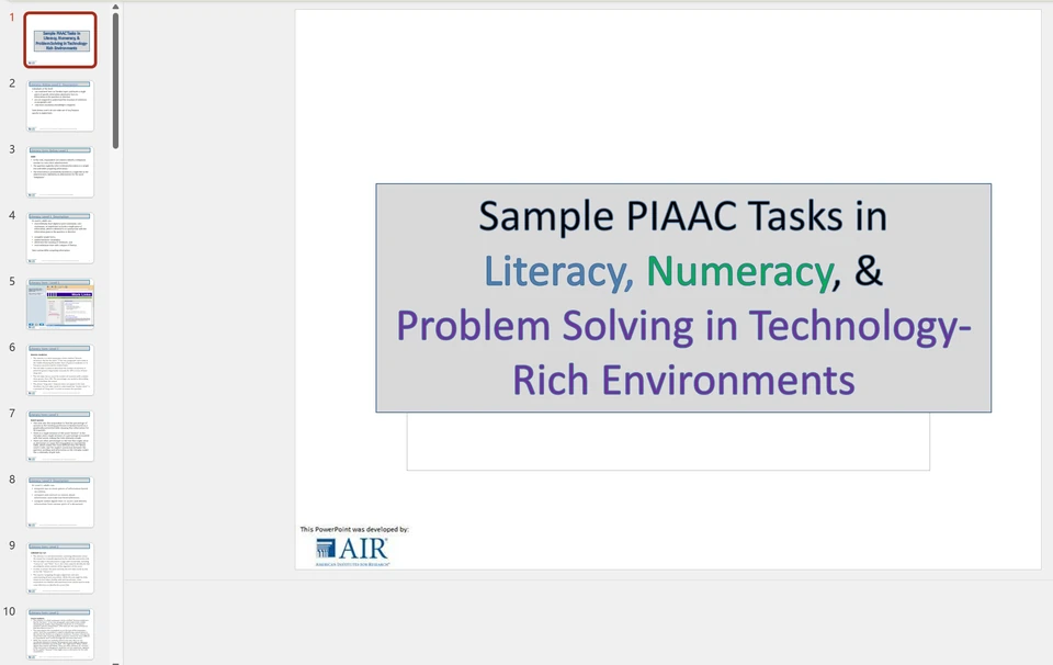 Screenshot of a presentation containing PIAAC literacy sample questions
