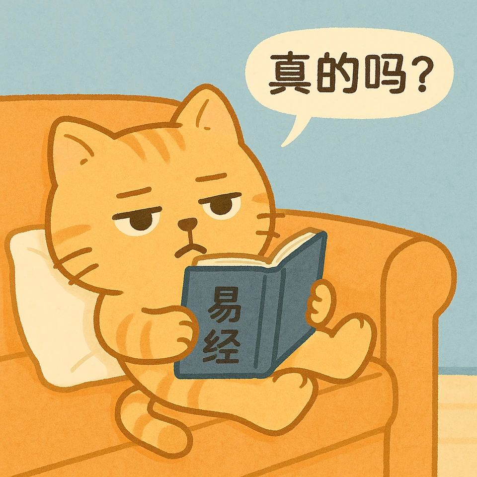 Illustration of an orange cat reading the Book of Changes and asking, “Really?”