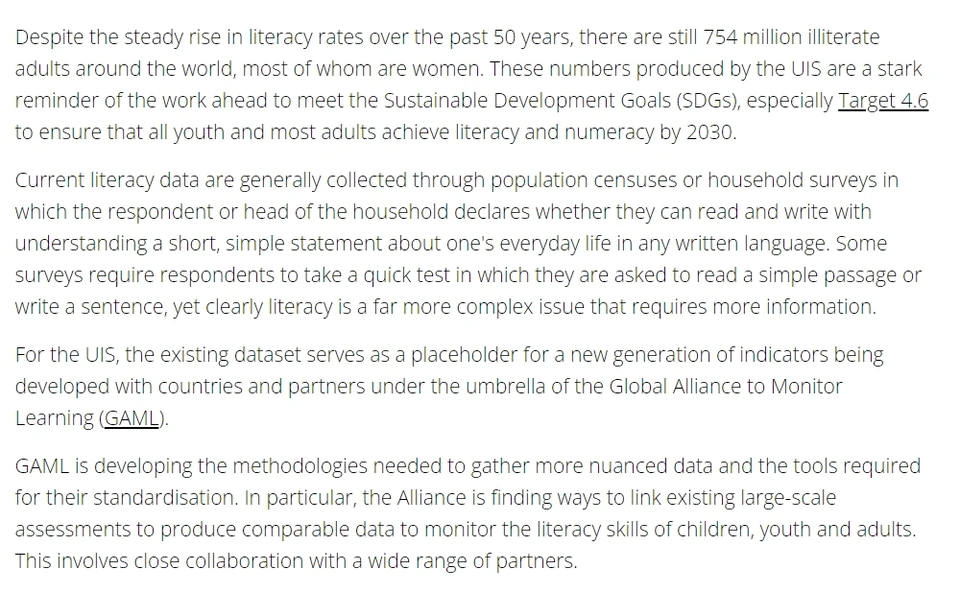 English explanation of literacy statistics on the UIS website