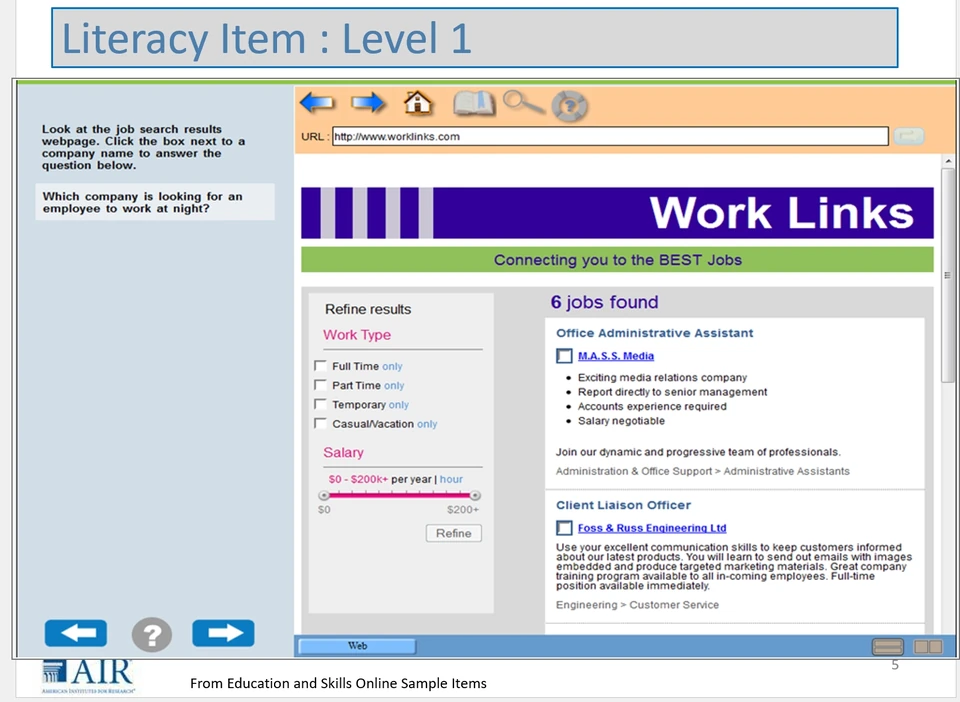 PIAAC Level 1 recruitment website sample question and task description