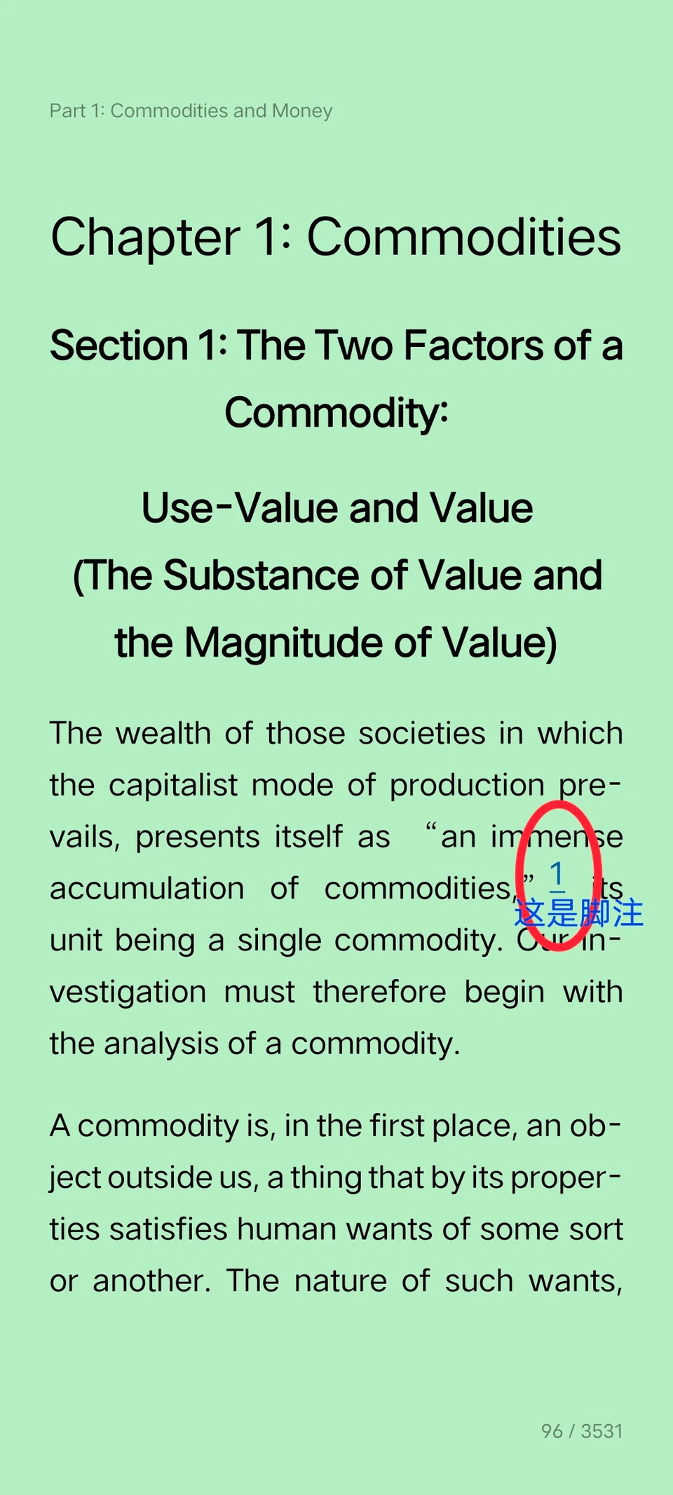 Example of headings, body text, and footnote navigation in the English Capital