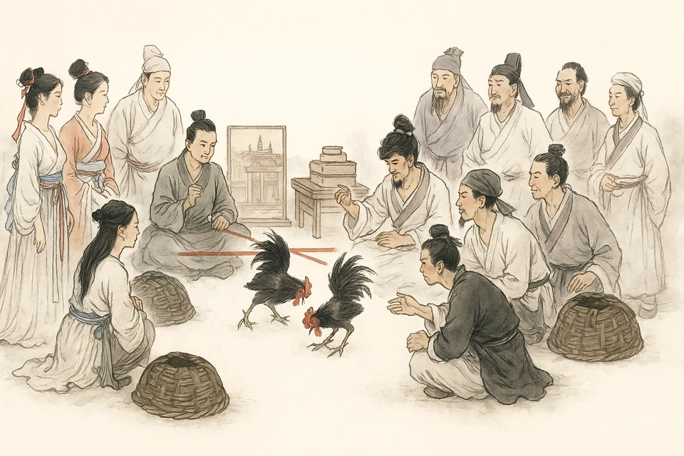 Painting of people in ancient times watching a cockfight