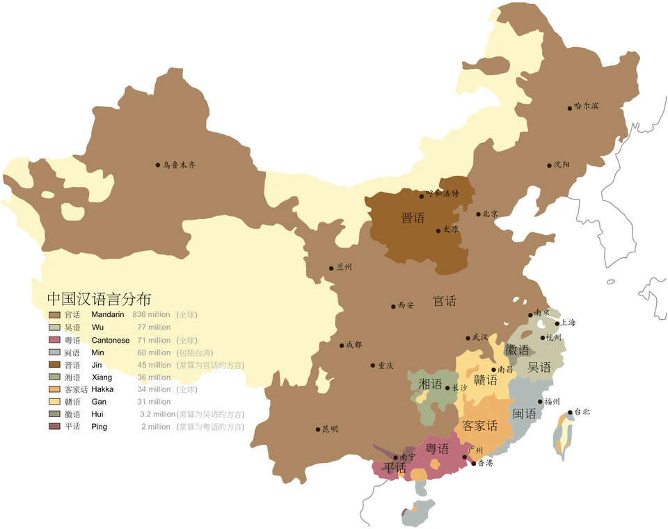 Map of Sinitic languages in China with a population legend