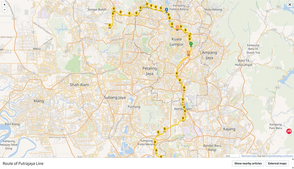 Geographical route map of the Putrajaya Line