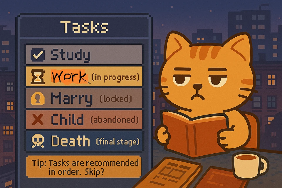 A kitten beside a quest list covering study, work, marriage and children, and death