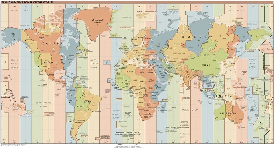 Map of world standard time zones and UTC offsets