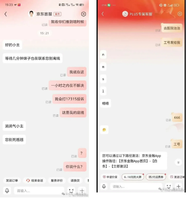 京东客服与用户的两段聊天截图