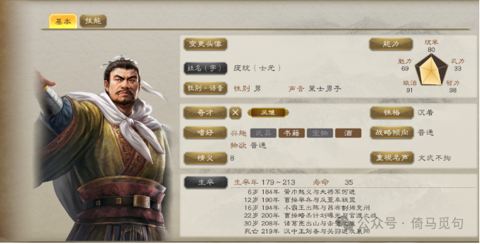 庞统的游戏人物形象与属性面板