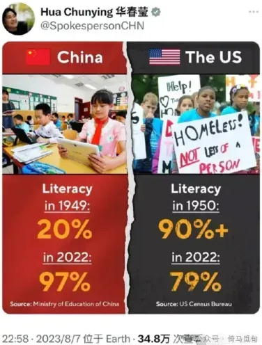 华春莹比较中美识字率的推文截图