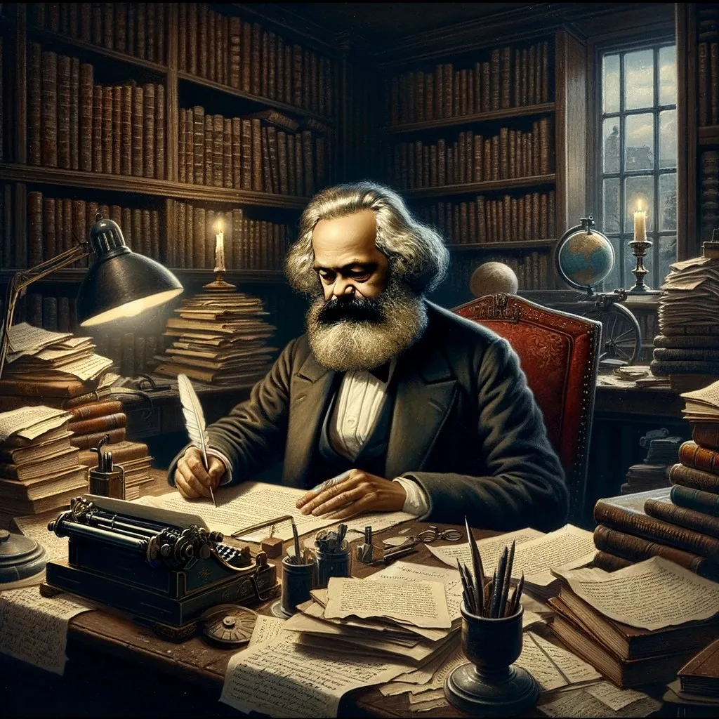 马克思在书房中写作的插画