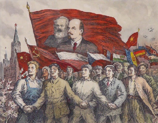 各国劳动者与马克思列宁旗帜的画作