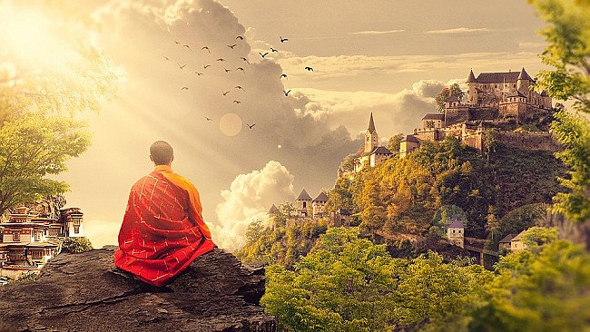 红袍僧人面向山城与飞鸟的插图