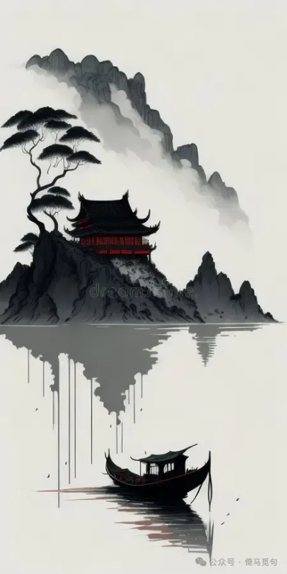 山水、松树与寺庙倒影画