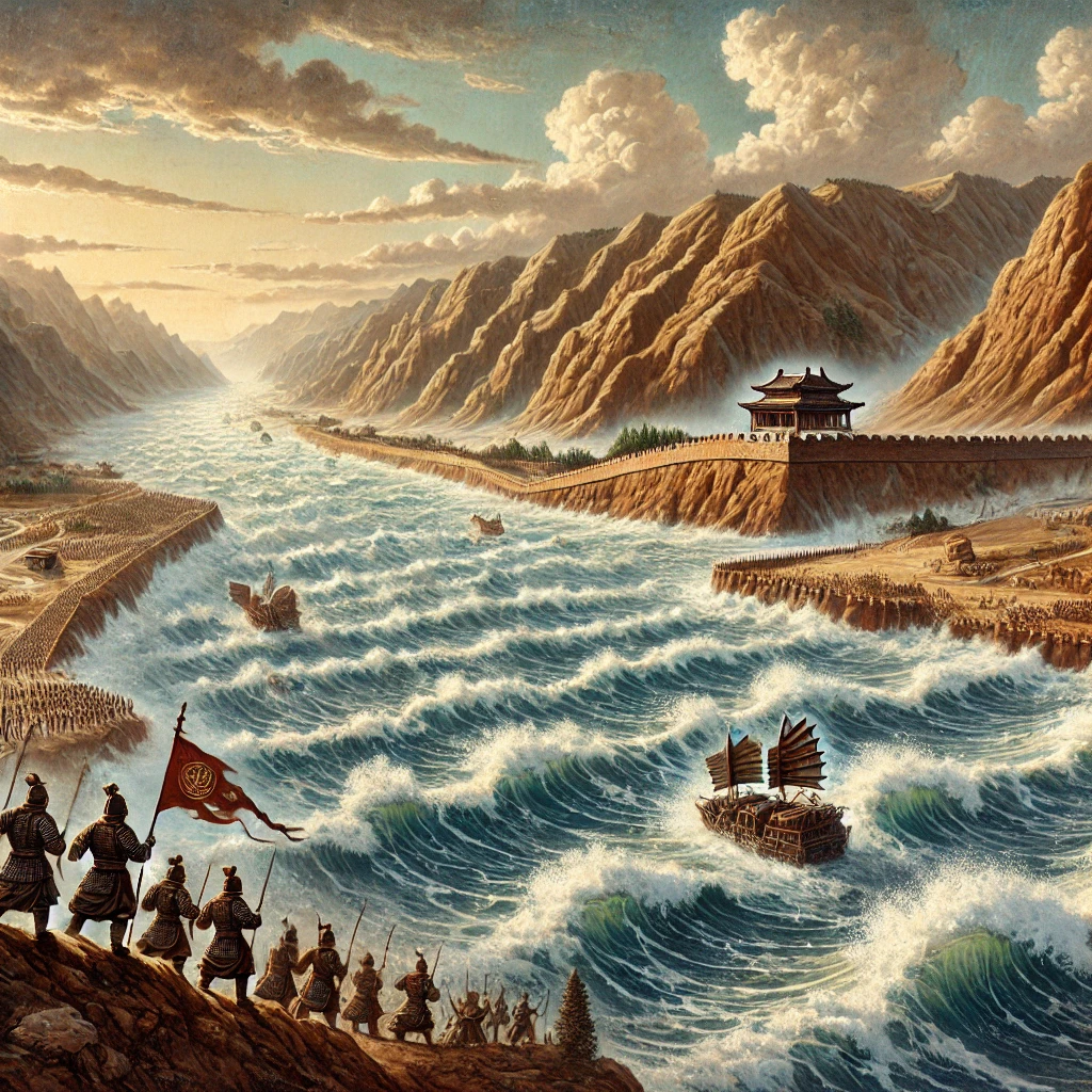 江流山峰与城墙营垒的插画