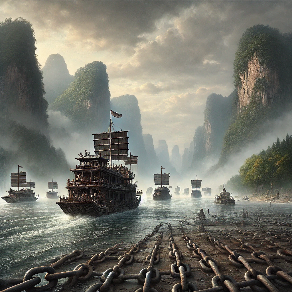 楼船与横江铁锁的历史场景插画