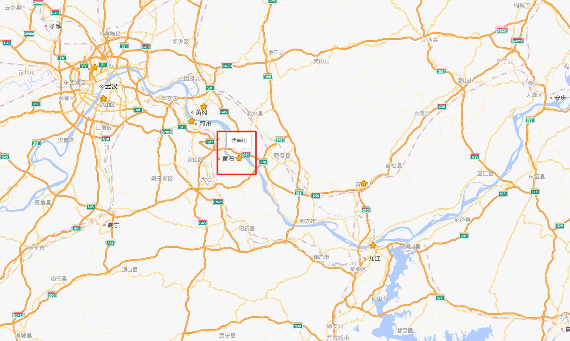 标出西塞山及武汉黄石九江的地图