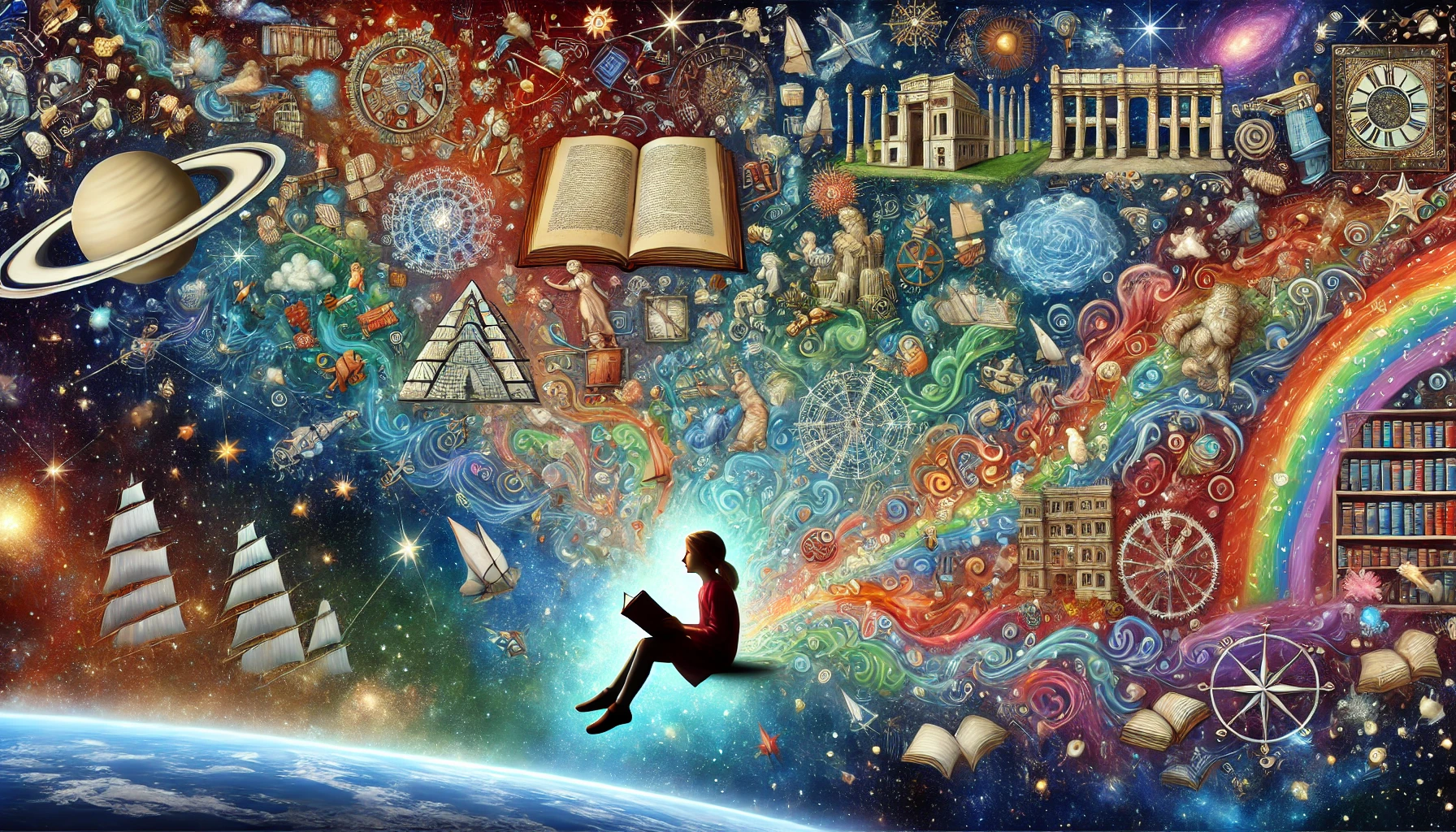 读书人、书本、星空和历史元素组成的插画