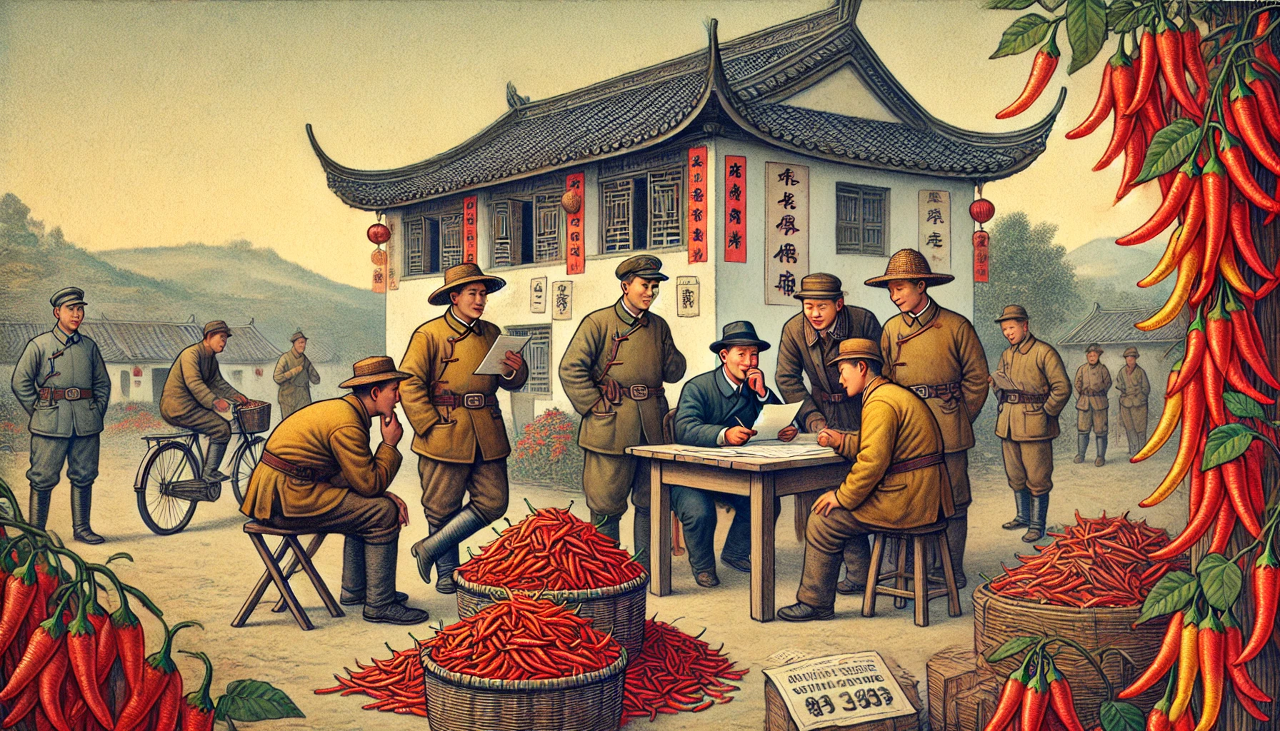 院落中众人交谈与辣椒筐的插画
