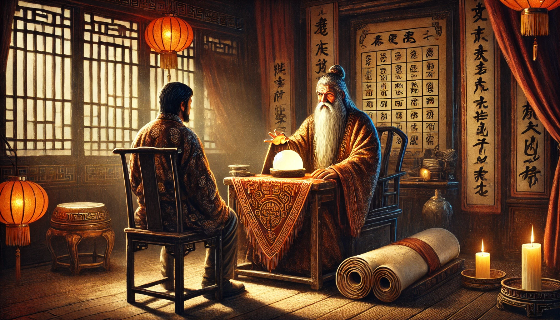白须算命者与来访者隔桌交谈的插画