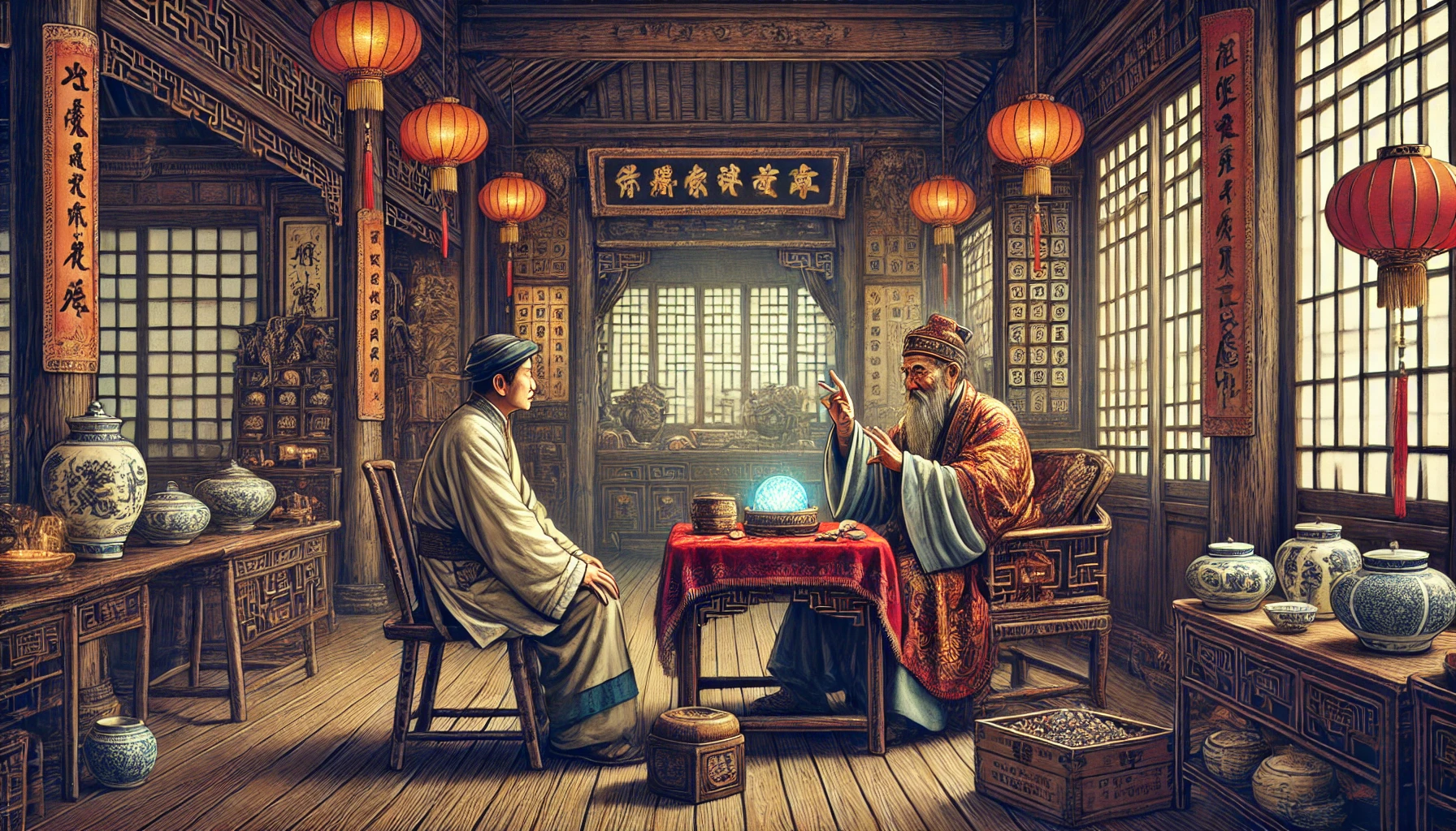 老者与青年在室内隔桌交谈的插画