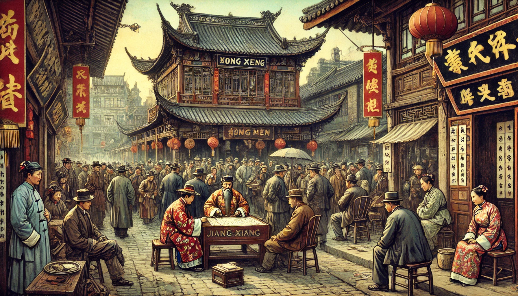 街头人群与算命桌的插画