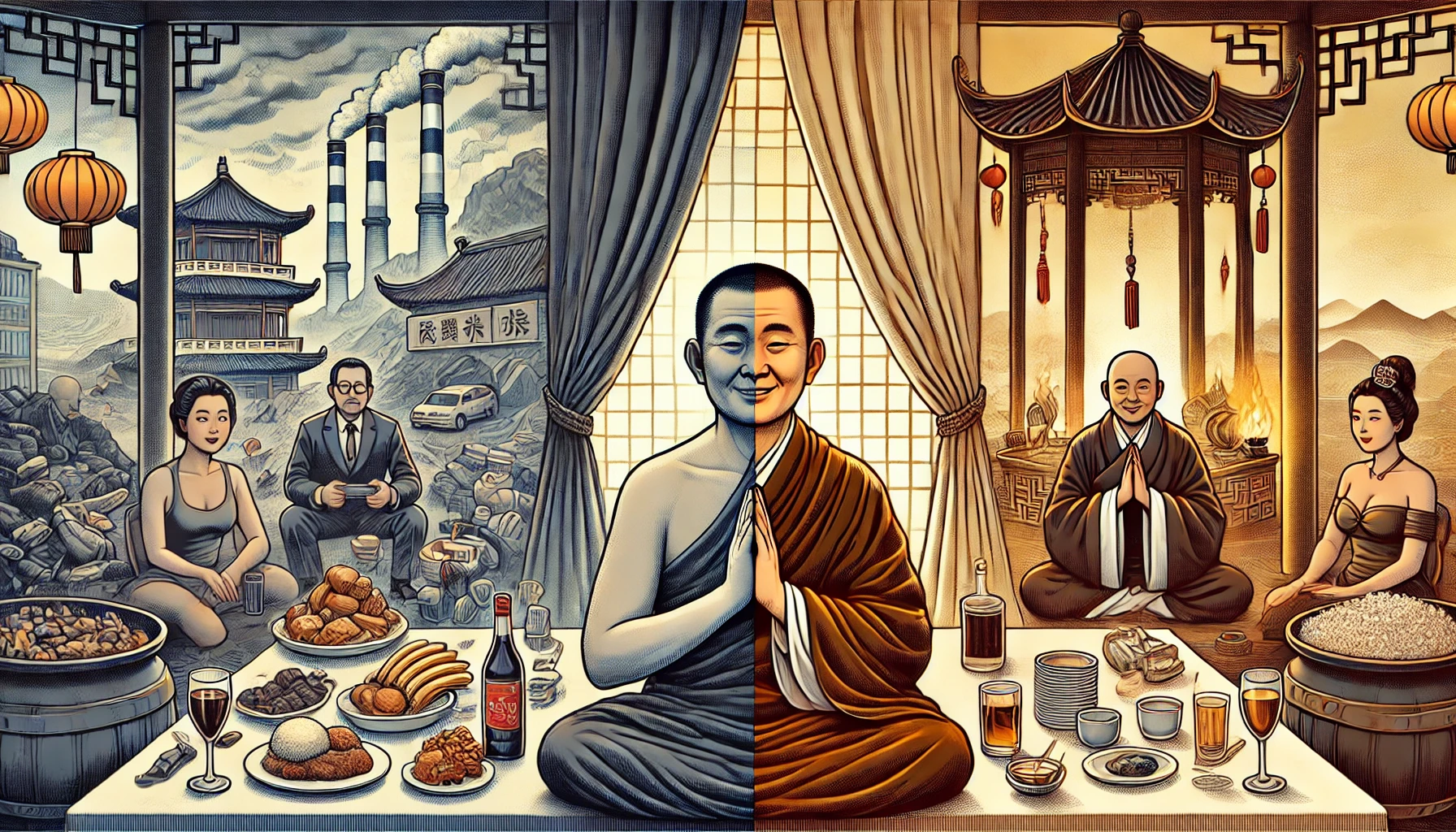 以僧人为中心的左右生活场景对比插画