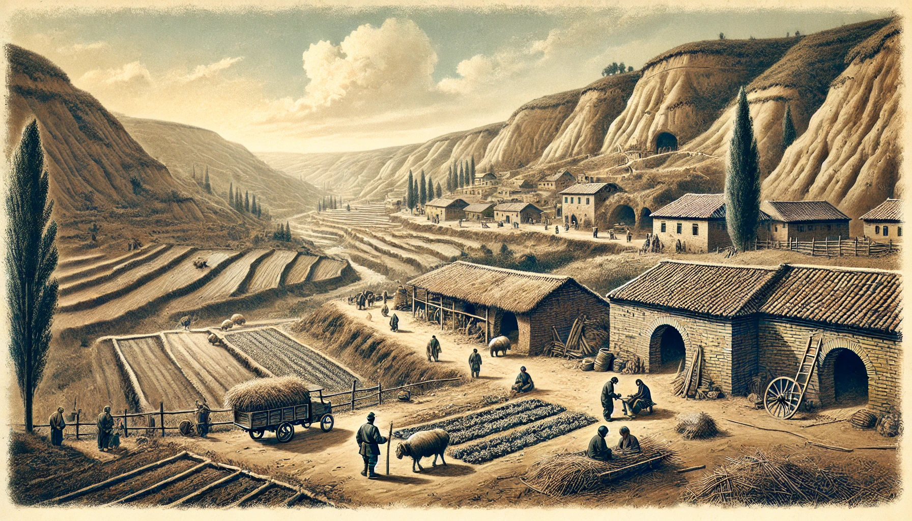 梯田窑洞与村民的农村场景插画