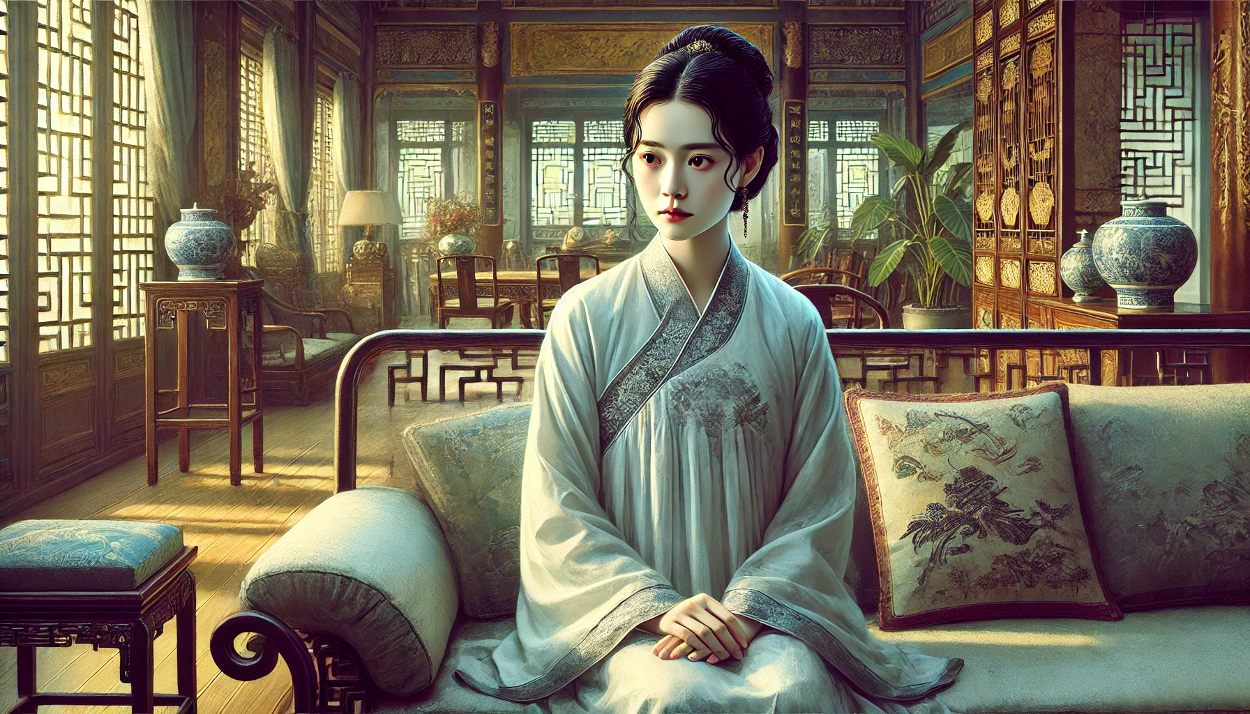 女性坐在沙发上的插画