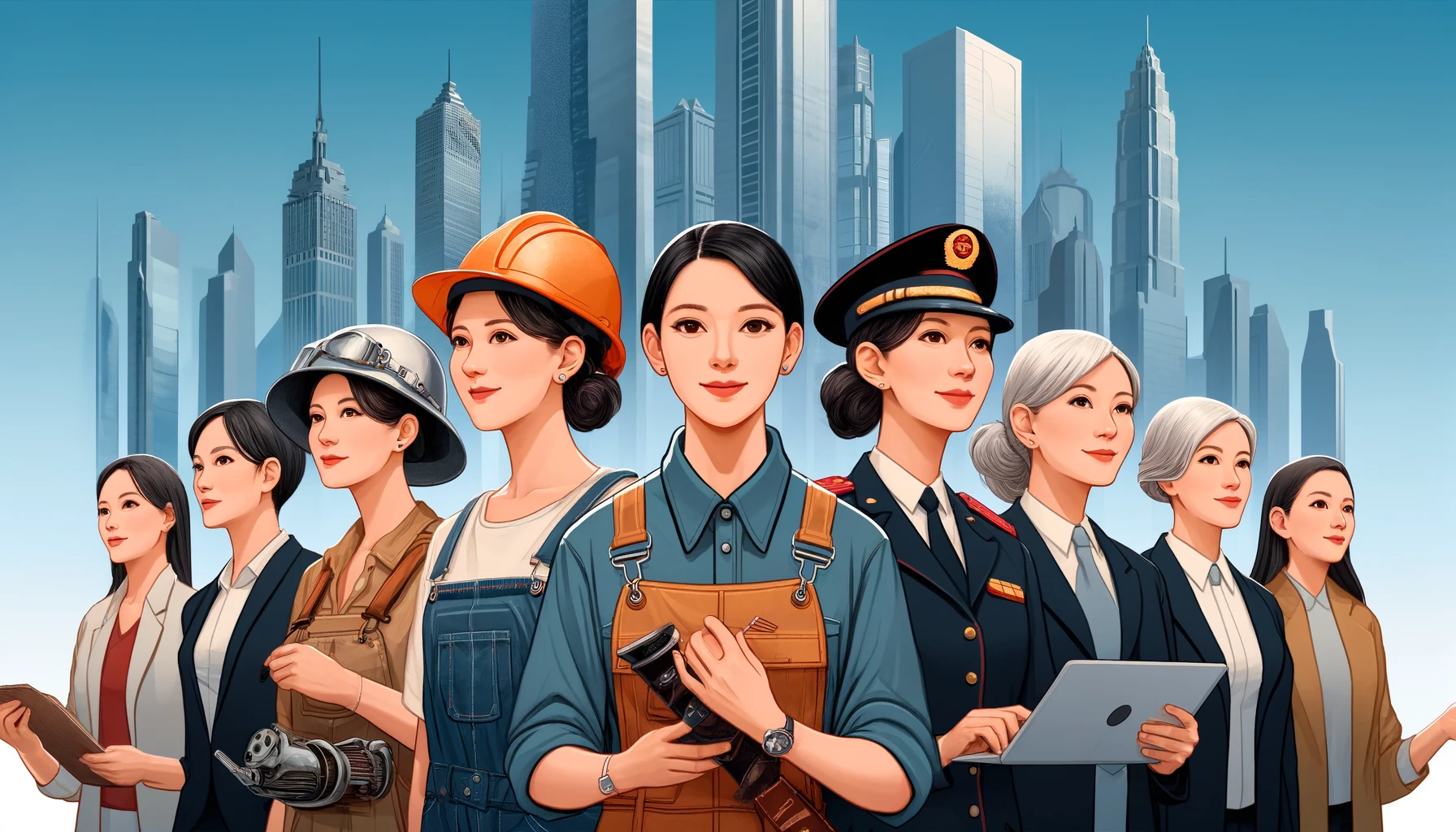 不同职业女性并肩站立的插图