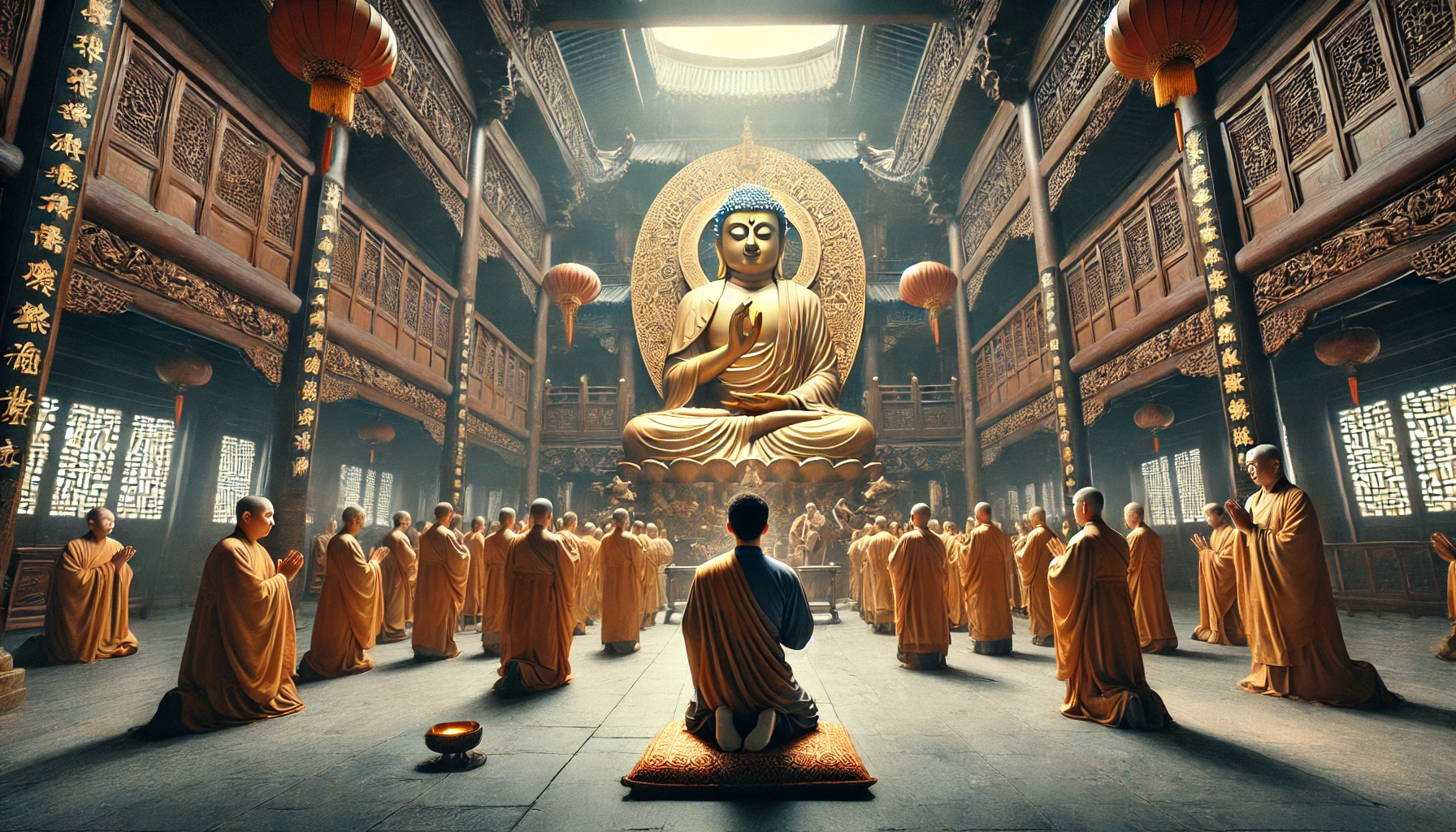 金色佛像前僧人与访客的插图