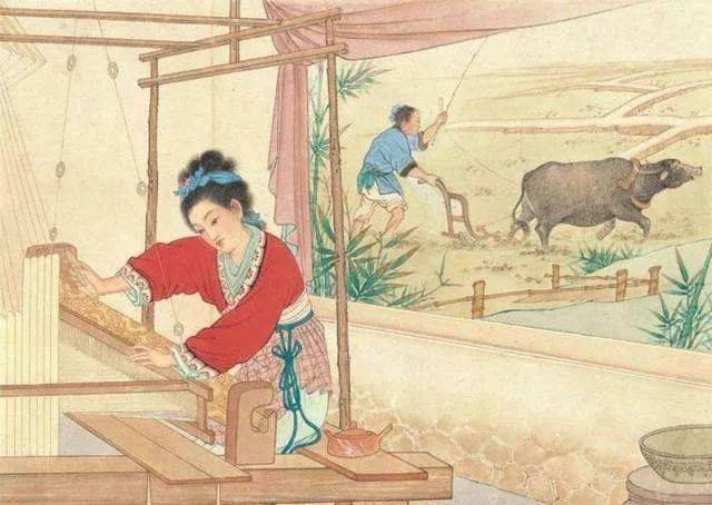 男子扶犁耕田与女子织布的画作