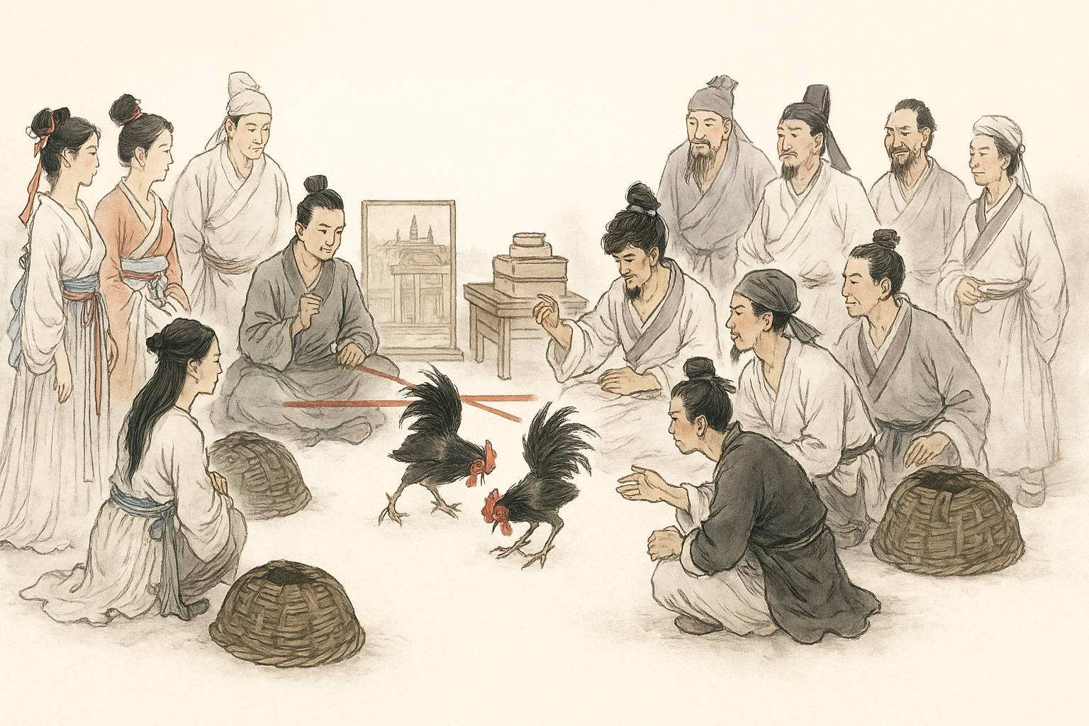 古人围观斗鸡的画作