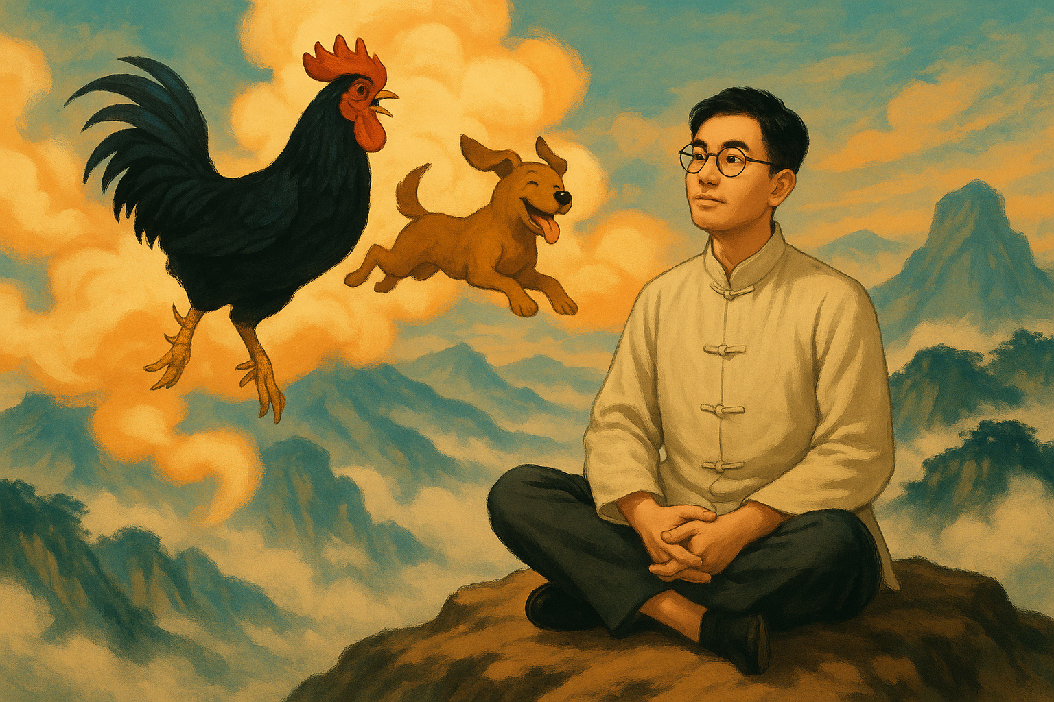 公鸡、狗与人物在云间升天的插图