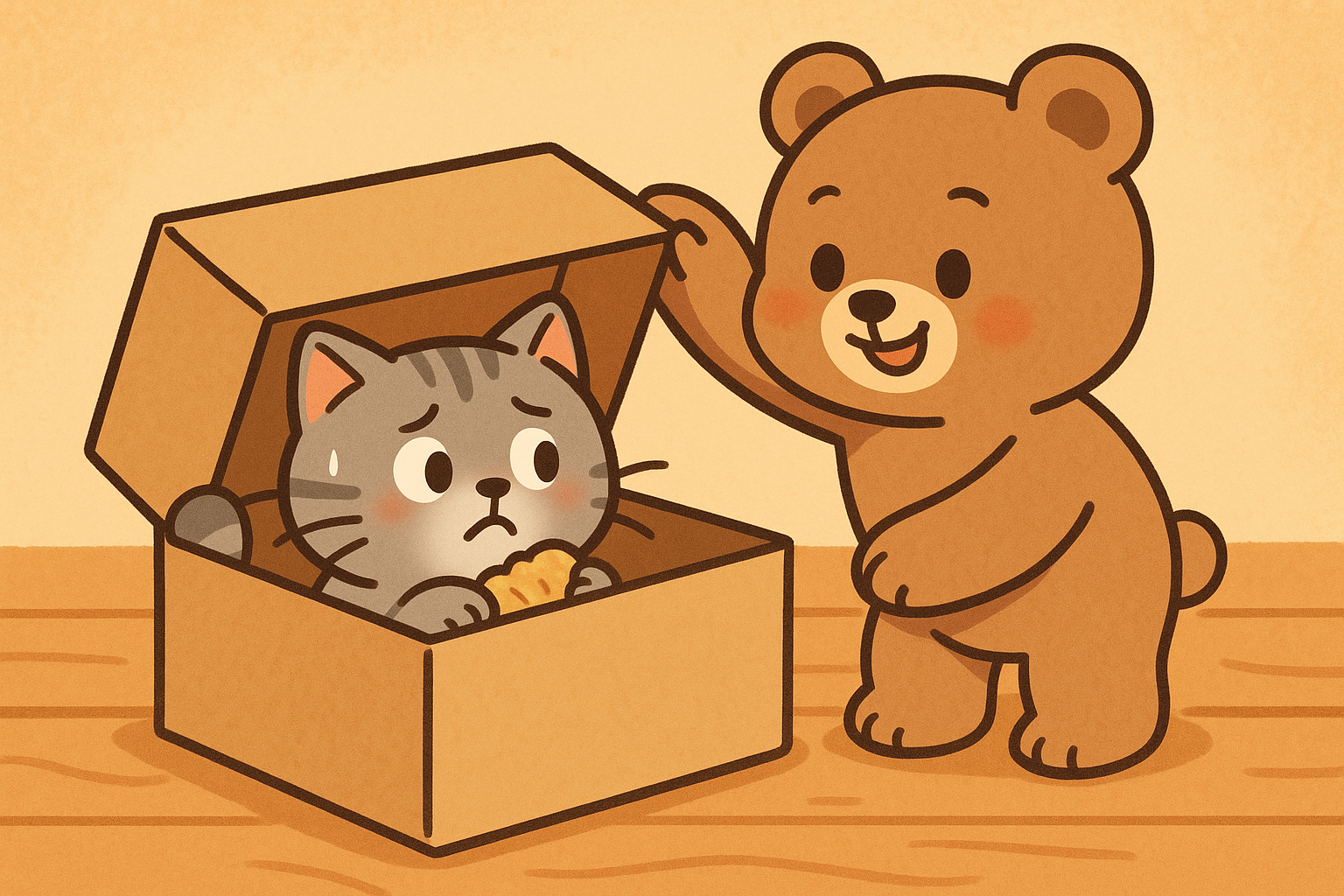 小熊打开纸盒看到灰猫的插图
