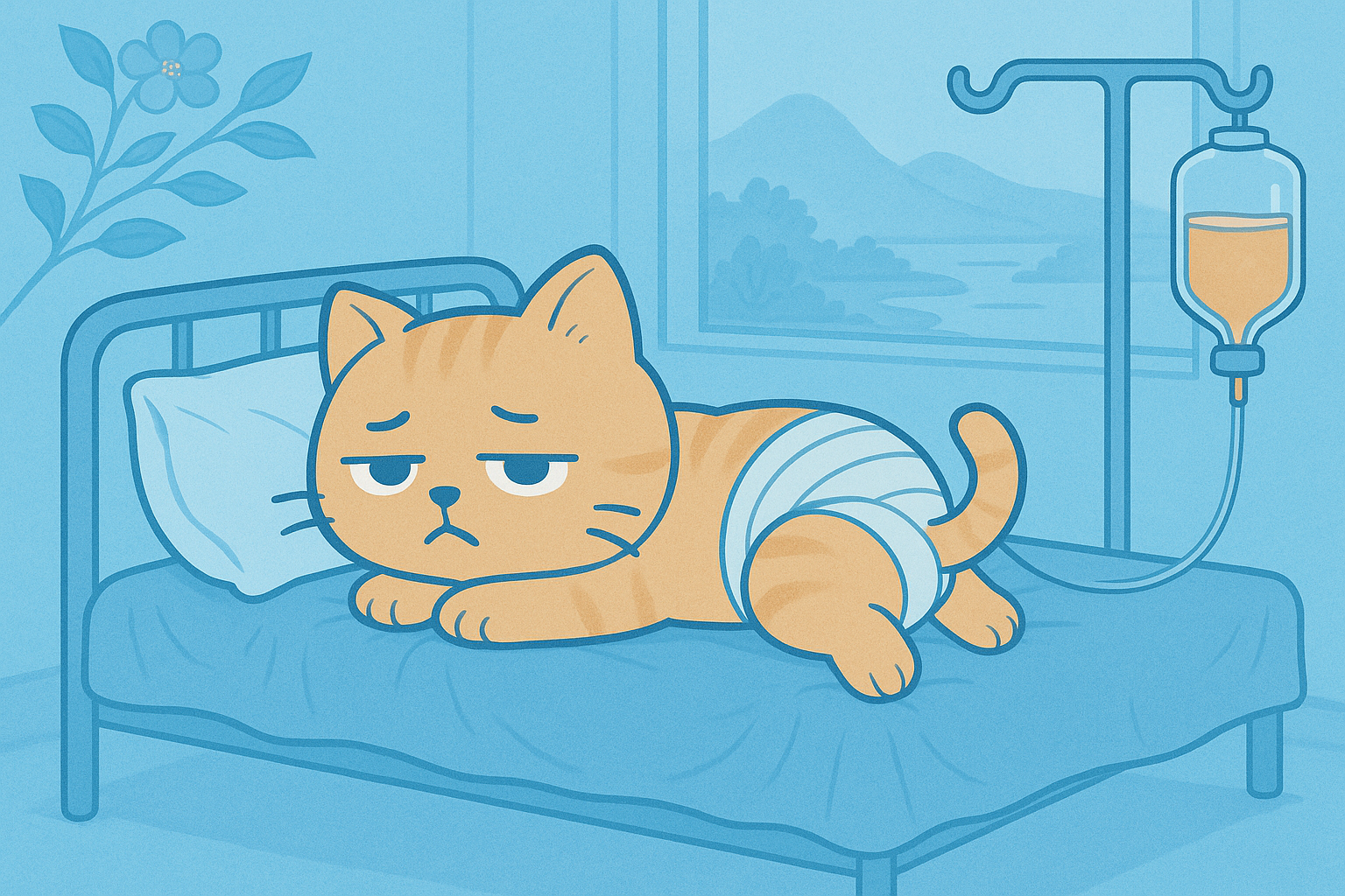 臀部缠着绷带的小猫躺在病床上