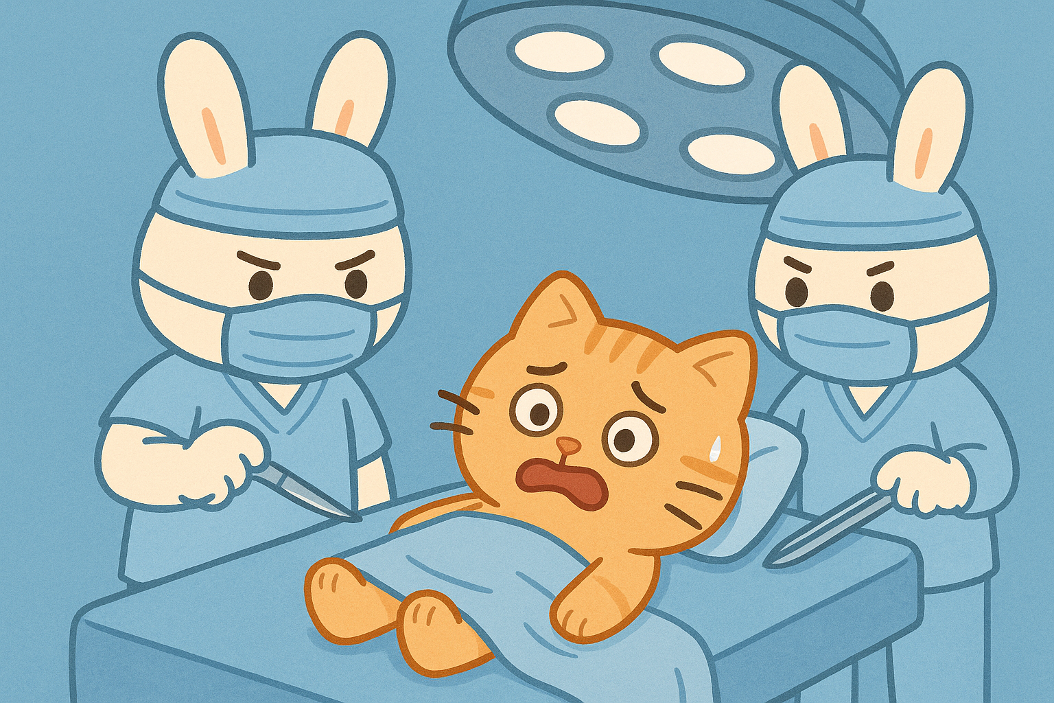 两位兔子医生为小猫手术的插画
