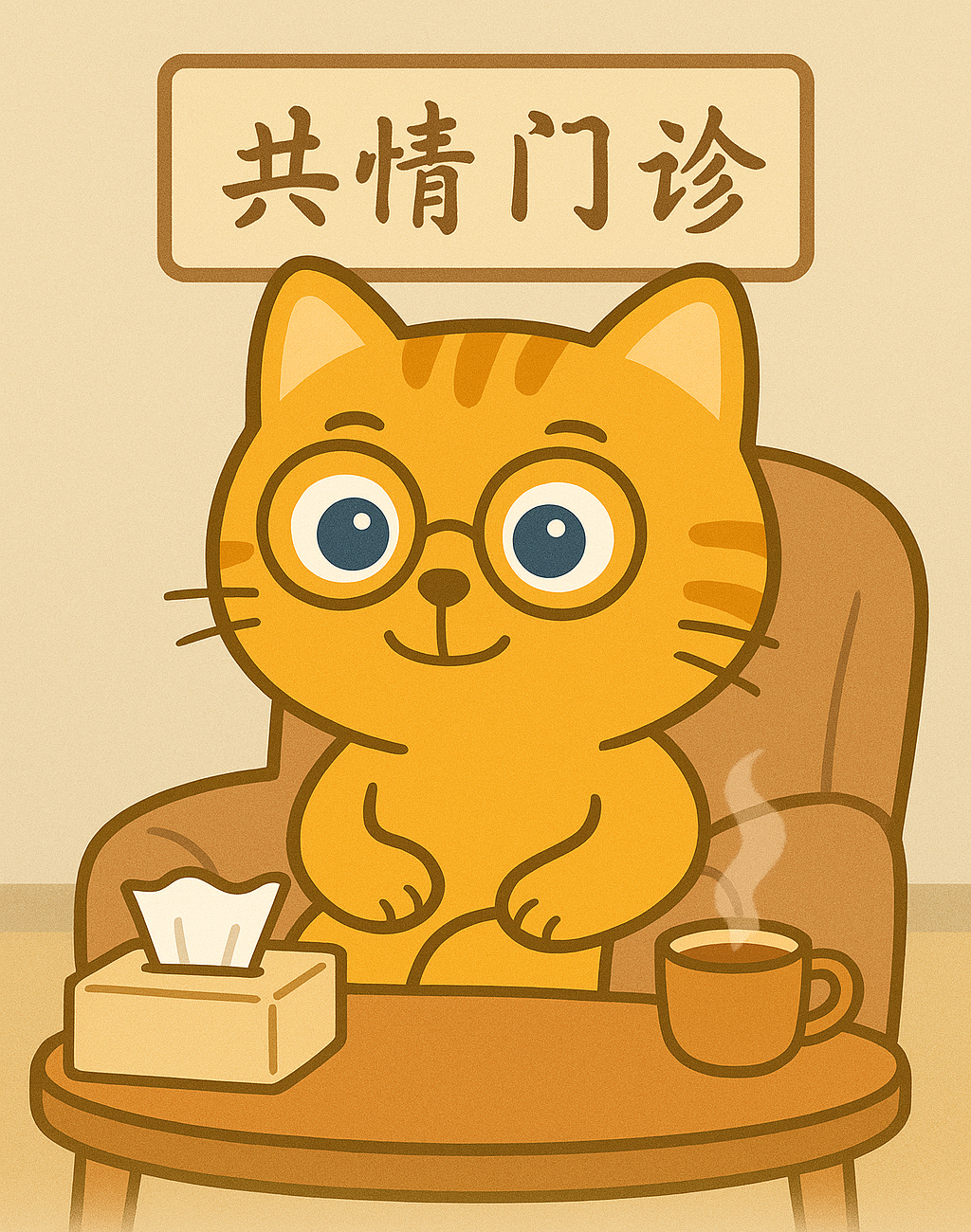 戴圆框眼镜的猫坐在共情门诊桌前的漫画