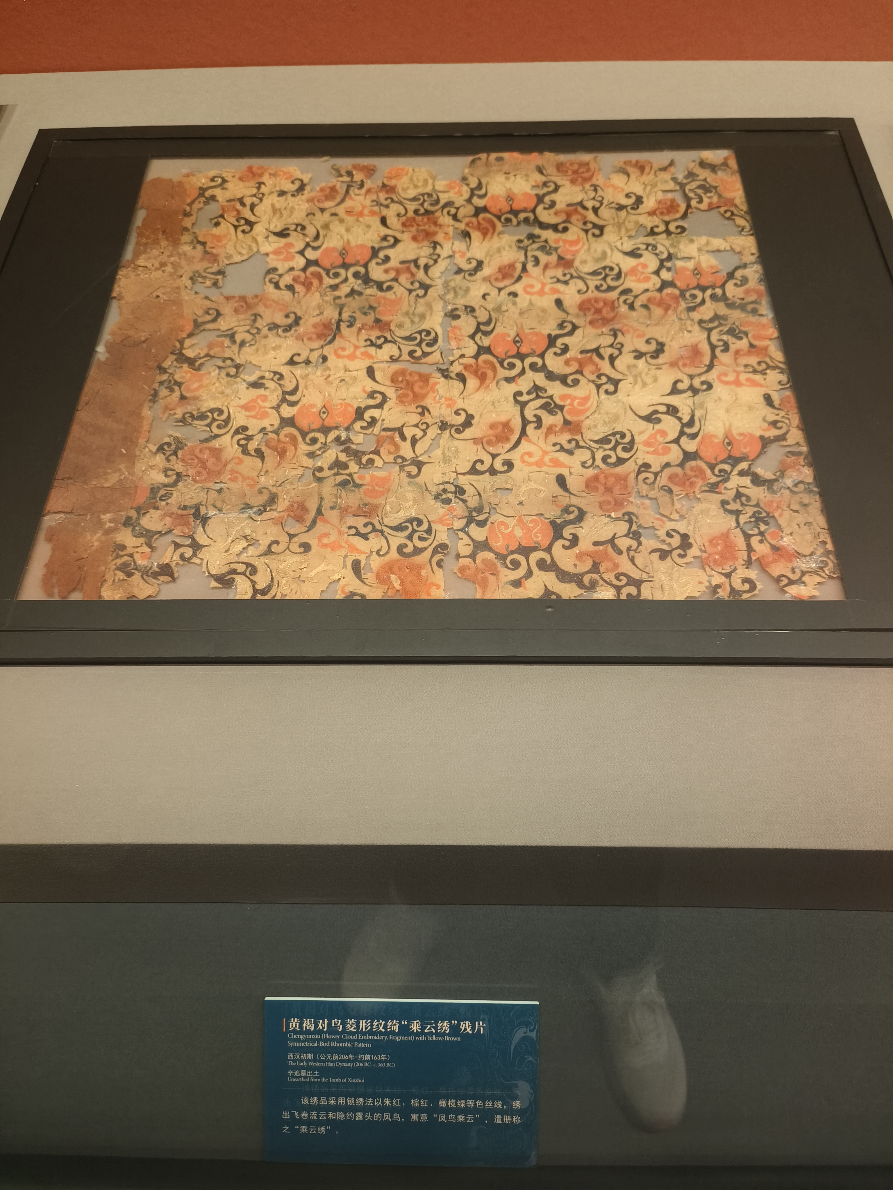卷草纹丝织物展品及说明牌