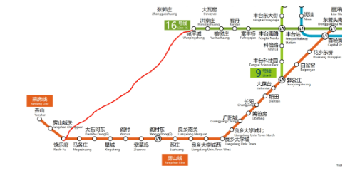 以红线标示燕房线连接16号线设想的地图