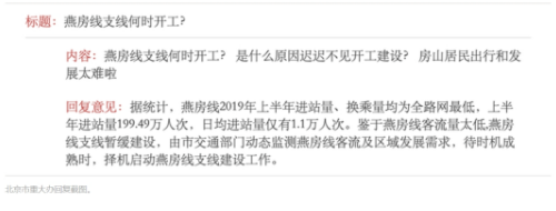 北京市重大办关于燕房线支线暂缓建设的公开回复