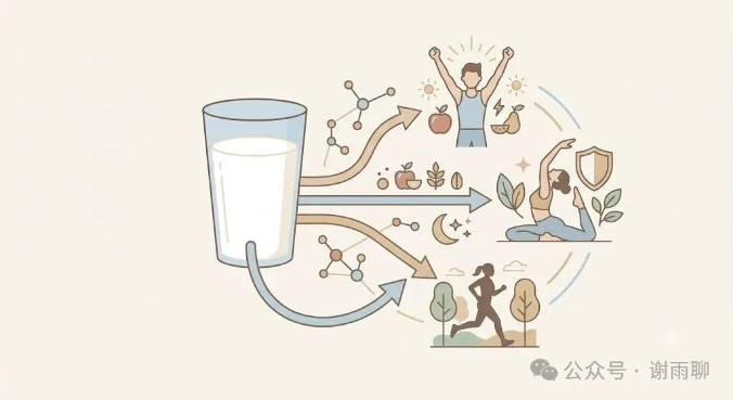 牛奶杯及营养运动分流箭头示意插画