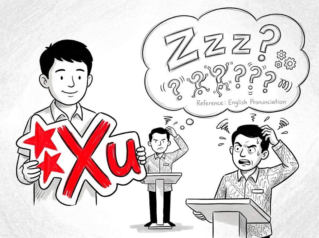 红色Xu姓氏标牌与困惑老师的读音插画