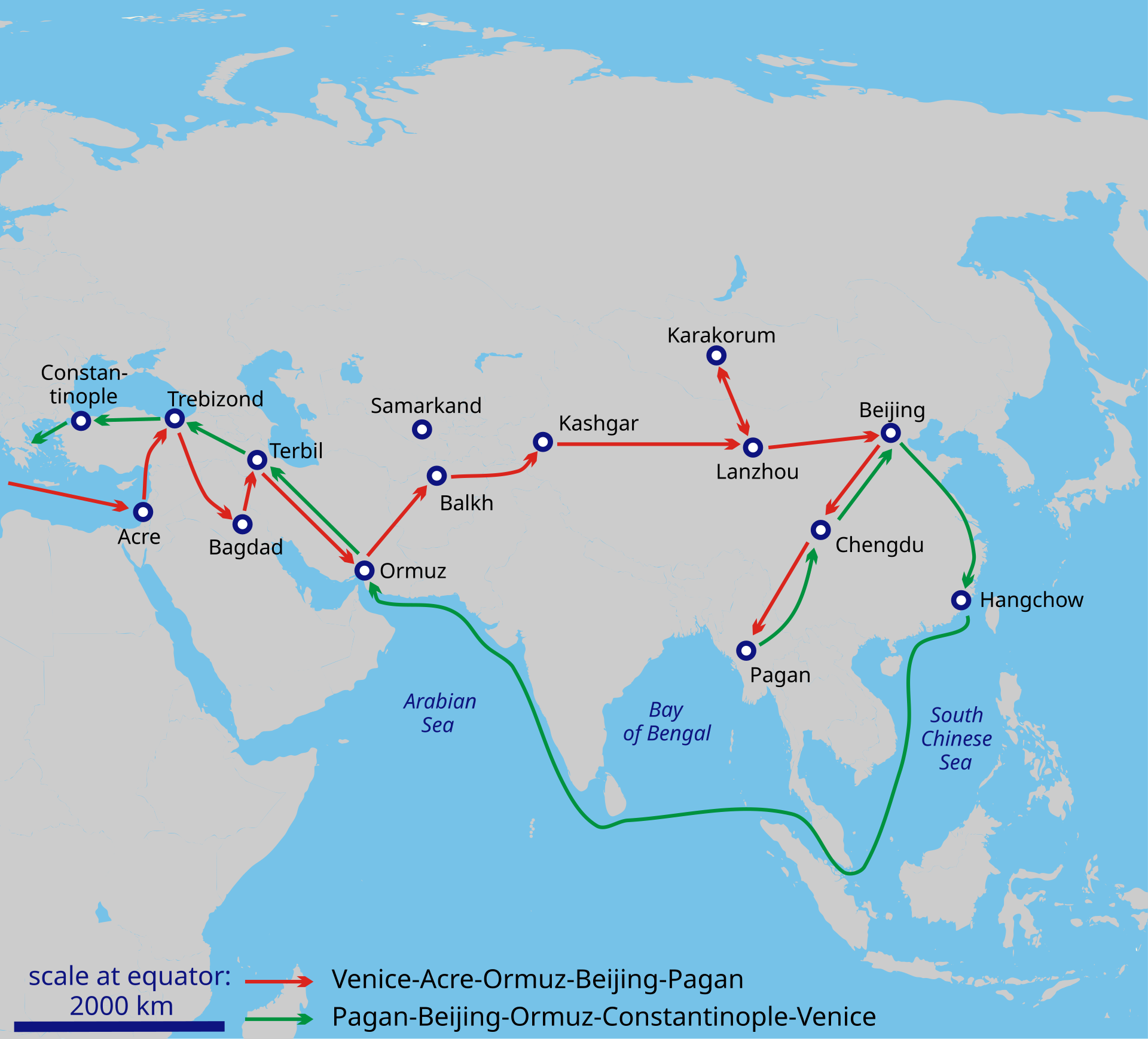 以红绿箭头标示马可波罗往返行程的地图