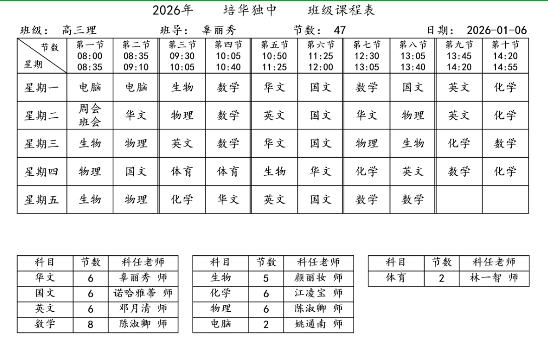 培华独中 2026 年高三班级课程表